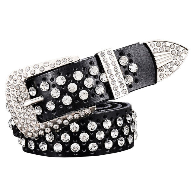 Rhinestone Genuine Leather Belts Pin Buckle Belt Woman Metal Pin Belt-Belts-Arimonz-Black-95cm/36in-Arimonz