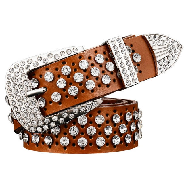 Rhinestone Genuine Leather Belts Pin Buckle Belt Woman Metal Pin Belt-Belts-Arimonz-Brown-95cm/36in-Arimonz