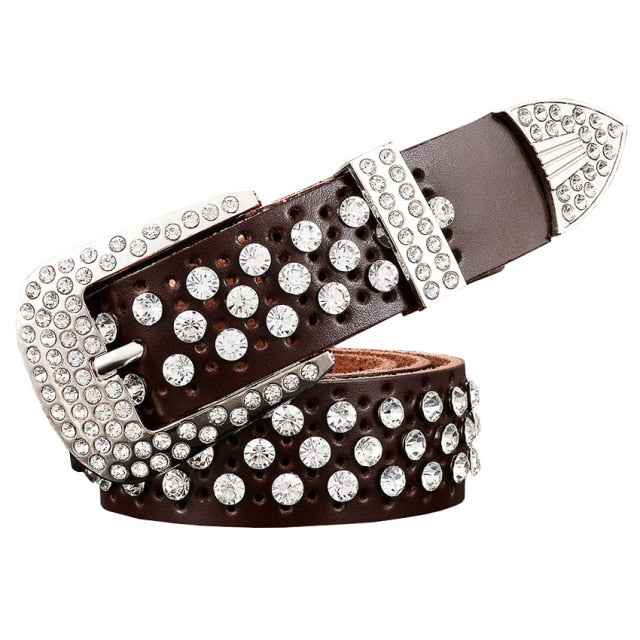 Rhinestone Genuine Leather Belts Pin Buckle Belt Woman Metal Pin Belt-Belts-Arimonz-Coffee-95cm/36in-Arimonz