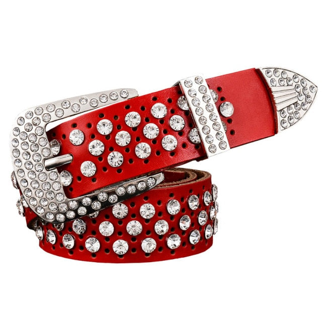Rhinestone Genuine Leather Belts Pin Buckle Belt Woman Metal Pin Belt-Belts-Arimonz-Red-95cm/36in-Arimonz