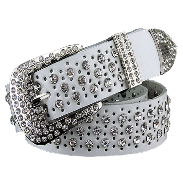 Rhinestone Genuine Leather Belts Pin Buckle Belt Woman Metal Pin Belt-Belts-Arimonz-White-95cm/36in-Arimonz