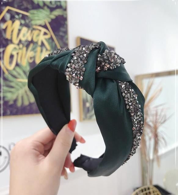 Rhinestone Hairband Wide Side Headband Middle Knot Hair Accessory-Hair Accessories-Arimonz-dark green hairband-Arimonz