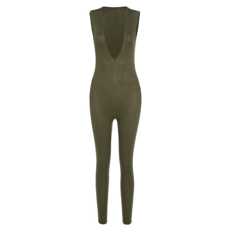 Ribbed Sleeveless Skinny Jumpsuits Deep women Romper Outfit-Night Out Jumpsuits & Rompers-Arimonz-S-Arimonz