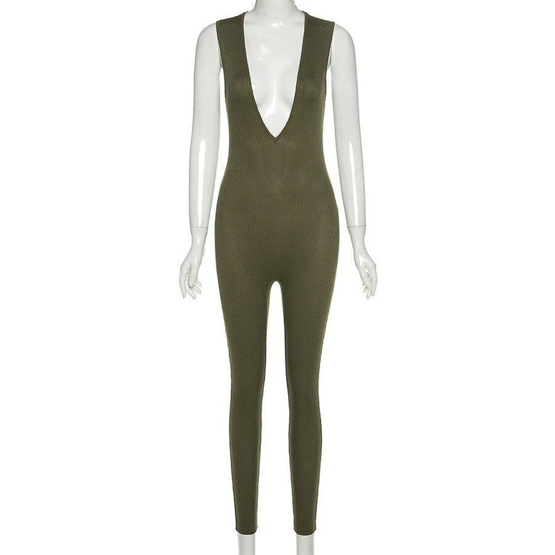 Ribbed Sleeveless Skinny Jumpsuits Deep women Romper Outfit-Night Out Jumpsuits & Rompers-Arimonz-Arimonz