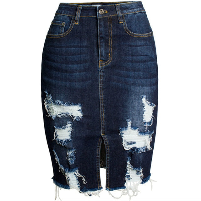 Ripped Bodycon Denim Skirts Women Midi Pencil Skirt Wrap Jeans Skirt-Denim Skirts-Arimonz-Blue-S-Arimonz