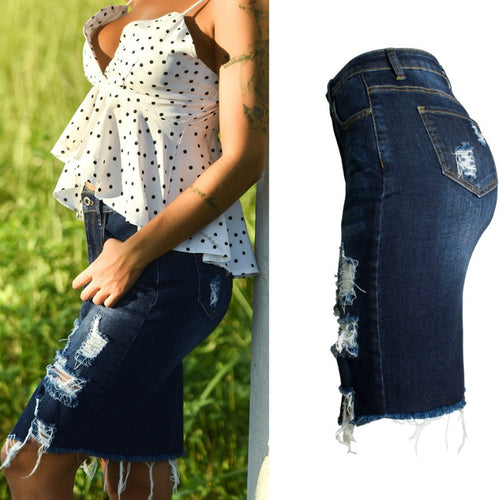 Ripped Bodycon Denim Skirts Women Midi Pencil Skirt Wrap Jeans Skirt-Denim Skirts-Arimonz-Arimonz