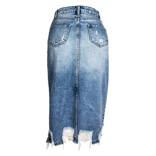 Ripped Denim Women Asymmetrical Pencil Jean Skirt High Split Skirt-Denim Skirts-Arimonz-Arimonz