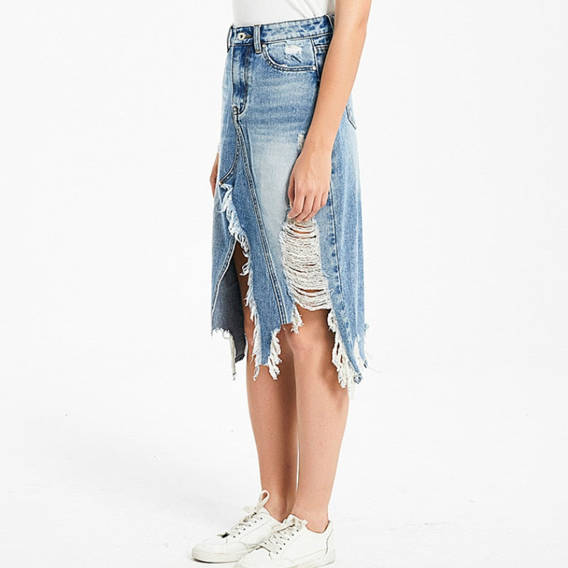 Ripped Denim Women Asymmetrical Pencil Jean Skirt High Split Skirt-Denim Skirts-Arimonz-Arimonz