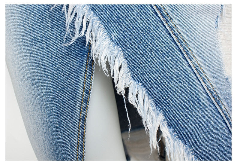 Ripped Denim Women Asymmetrical Pencil Jean Skirt High Split Skirt-Denim Skirts-Arimonz-Arimonz