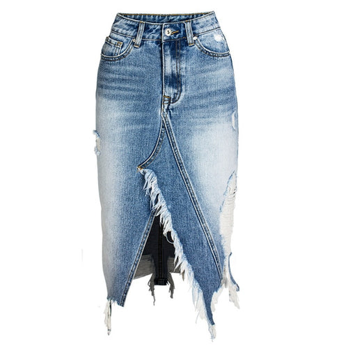 Ripped Denim Women Asymmetrical Pencil Jean Skirt High Split Skirt-Denim Skirts-Arimonz-Arimonz