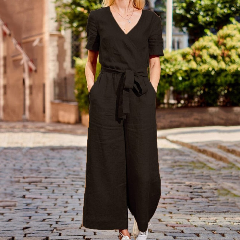 Rompers Jumpsuit Short Sleeve Playsuit Women Wide Leg Jumpsuit, Black / S