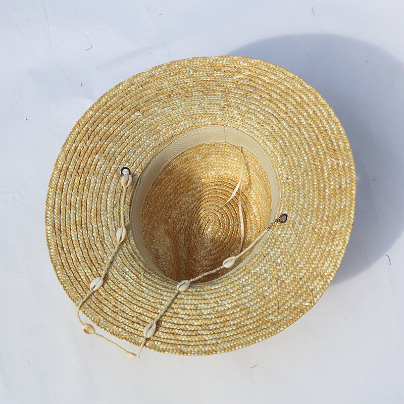 Seashell Beaded Beach Hat With Chain For Women Straw Woven Fedora Hat-Summer Hats-Arimonz-Arimonz