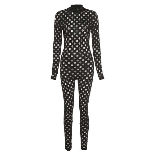 See-Through Hollow Out Jumpsuit Women Turtleneck Net Plaid Rompers-Night Out Jumpsuits & Rompers-Arimonz-Black-S-Arimonz