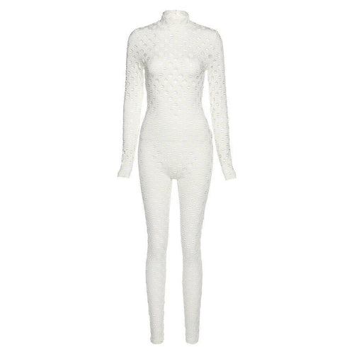 See-Through Hollow Out Jumpsuit Women Turtleneck Net Plaid Rompers-Night Out Jumpsuits & Rompers-Arimonz-White-S-Arimonz