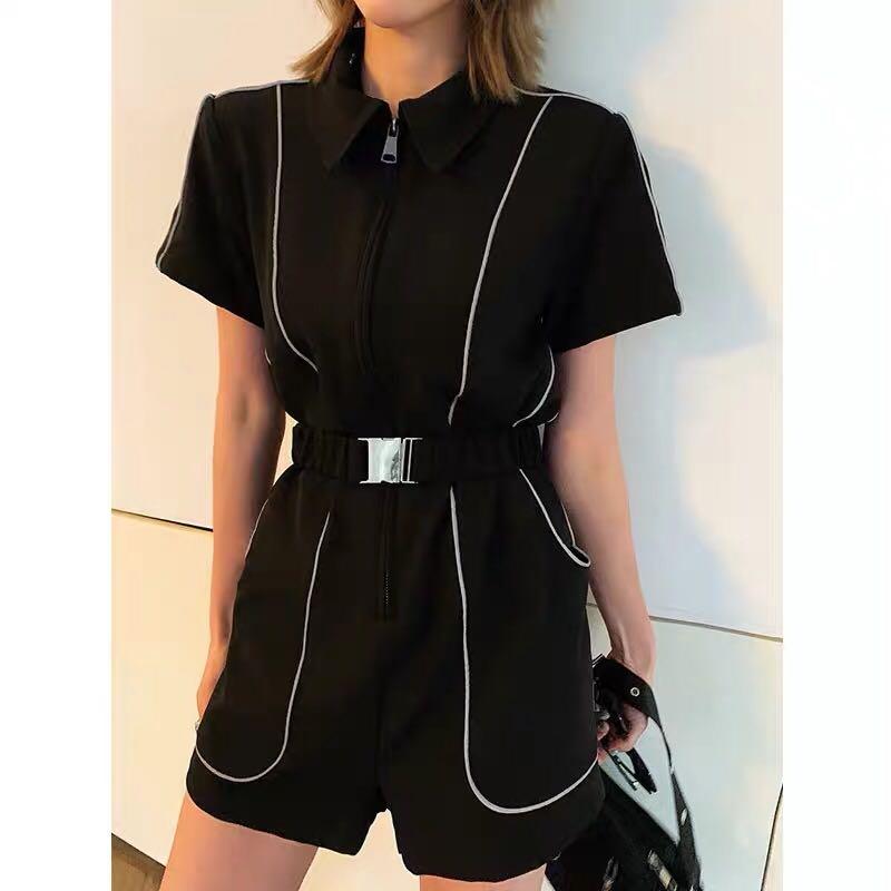 Short-Sleeve Zipper Lapel Slim Wide Leg One Piece Style Jumpsuit-Casual Jumpsuits & Rompers-Arimonz-Arimonz