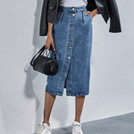 Single Breasted Knee Length Denim Skirt Women Casual High Waist Skirt-Denim Skirts-Arimonz-Arimonz