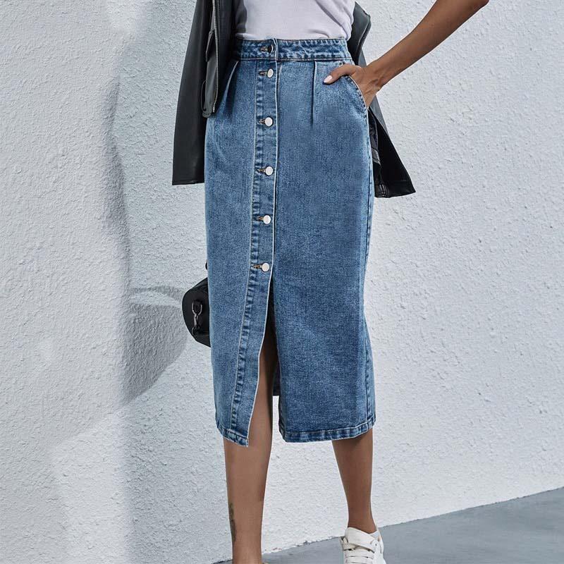 Single Breasted Knee Length Denim Skirt Women Casual High Waist Skirt-Denim Skirts-Arimonz-Arimonz