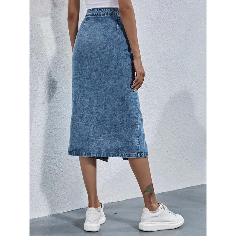 Single Breasted Knee Length Denim Skirt Women Casual High Waist Skirt-Denim Skirts-Arimonz-Arimonz