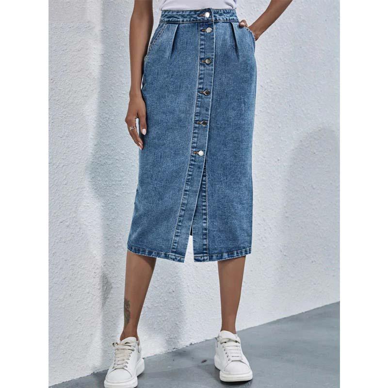 Single Breasted Knee Length Denim Skirt Women Casual High Waist Skirt-Denim Skirts-Arimonz-Arimonz