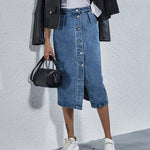 Single Breasted Knee Length Denim Skirt Women Casual High Waist Skirt-Denim Skirts-Arimonz-Arimonz