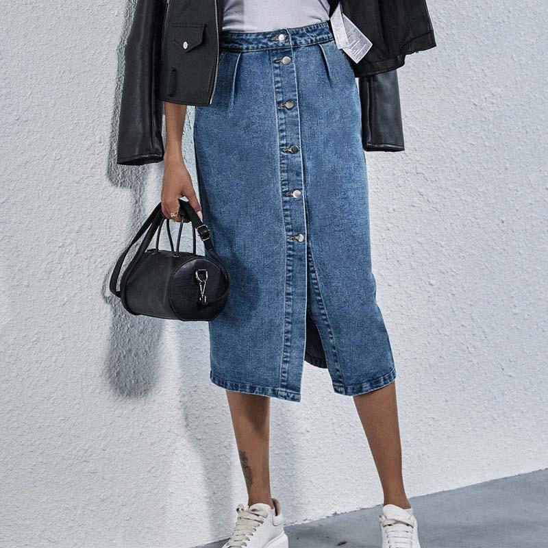 Single Breasted Knee Length Denim Skirt Women Casual High Waist Skirt-Denim Skirts-Arimonz-Arimonz