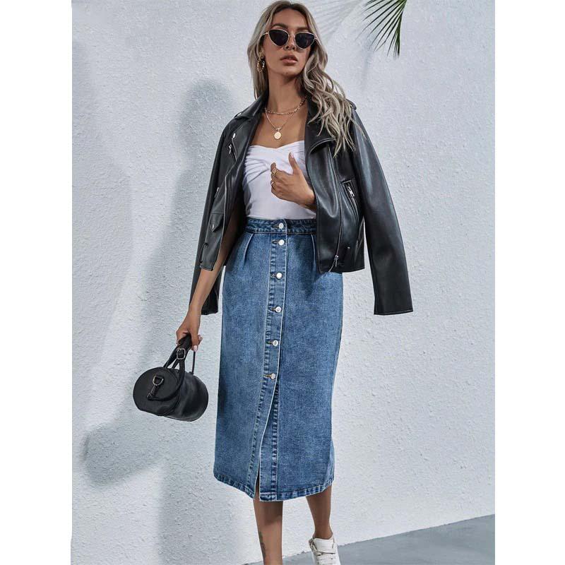 Single Breasted Knee Length Denim Skirt Women Casual High Waist Skirt-Denim Skirts-Arimonz-XS-Arimonz