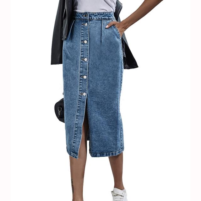 Single Breasted Knee Length Denim Skirt Women Casual High Waist Skirt-Denim Skirts-Arimonz-Arimonz