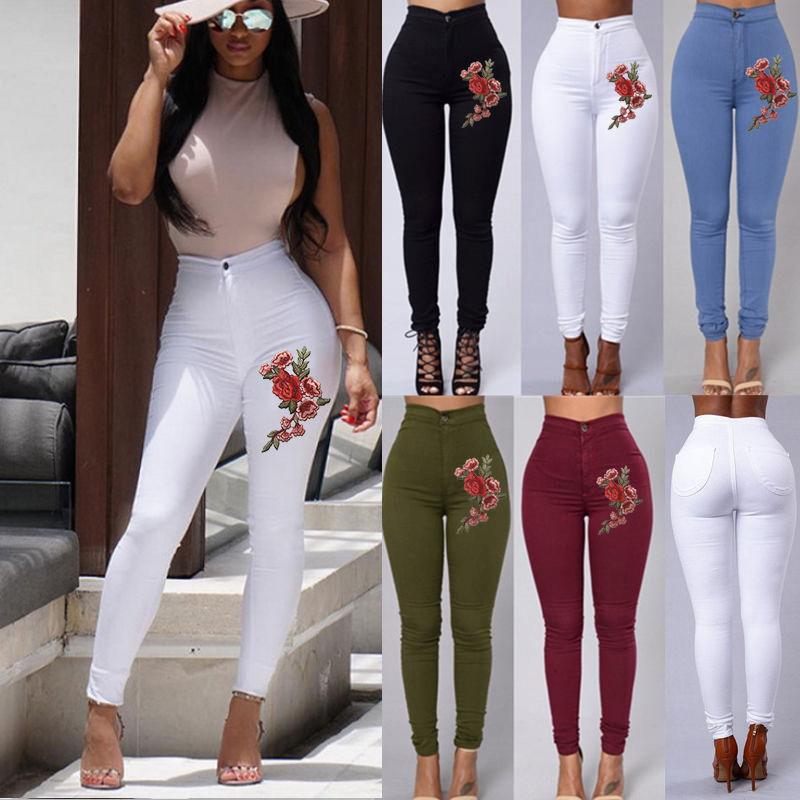 Skinny Jeans - Floral Embroidered  High Waist Skinny Jean