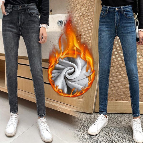 Skinny Jeans - Winter Thick Velvet Women High Waist Skinny Jeans Simple Slim Fit