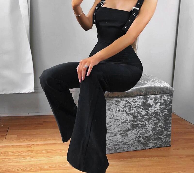 Solid Black Skinny Sleeveless Wide Leg Jumpsuit-Casual Jumpsuits & Rompers-Arimonz-Arimonz