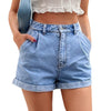 Solid High Waisted Straight Jean Short Casual Rolled Hem Denim Shorts-Denim Shorts-Arimonz-Arimonz
