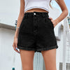 Solid High Waisted Straight Jean Short Casual Rolled Hem Denim Shorts-Denim Shorts-Arimonz-Arimonz