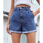 Solid High Waisted Straight Jean Short Casual Rolled Hem Denim Shorts-Denim Shorts-Arimonz-Dark Blue-XS-Arimonz
