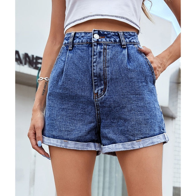 Solid High Waisted Straight Jean Short Casual Rolled Hem Denim Shorts-Denim Shorts-Arimonz-Dark Blue-XS-Arimonz