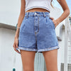 Solid High Waisted Straight Jean Short Casual Rolled Hem Denim Shorts-Denim Shorts-Arimonz-Arimonz