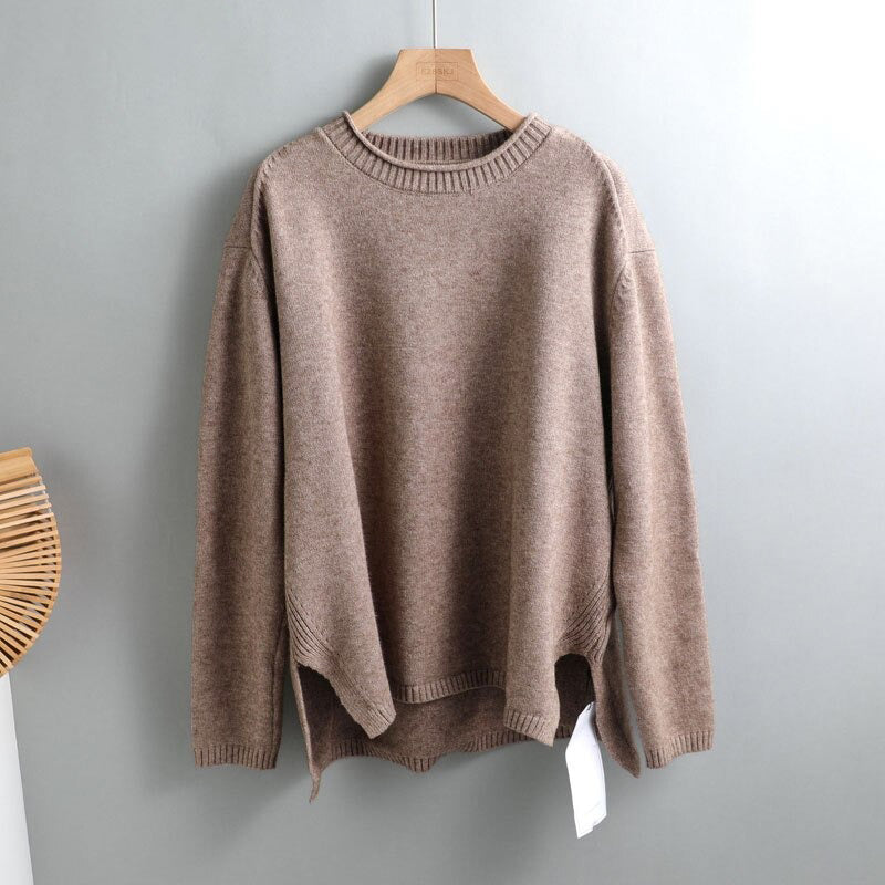 Splitside Oversize Thick Sweater Women Turtleneck Sweater Pullover-Pullovers-Arimonz-Round Neck Beige-Arimonz