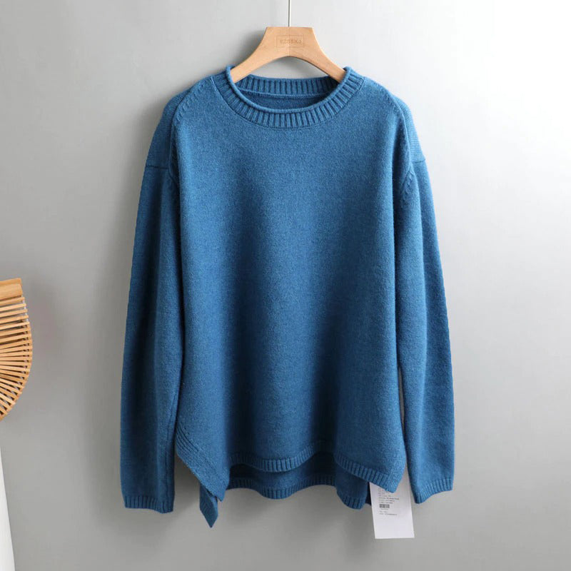 Splitside Oversize Thick Sweater Women Turtleneck Sweater Pullover-Pullovers-Arimonz-Round Neck Blue-Arimonz