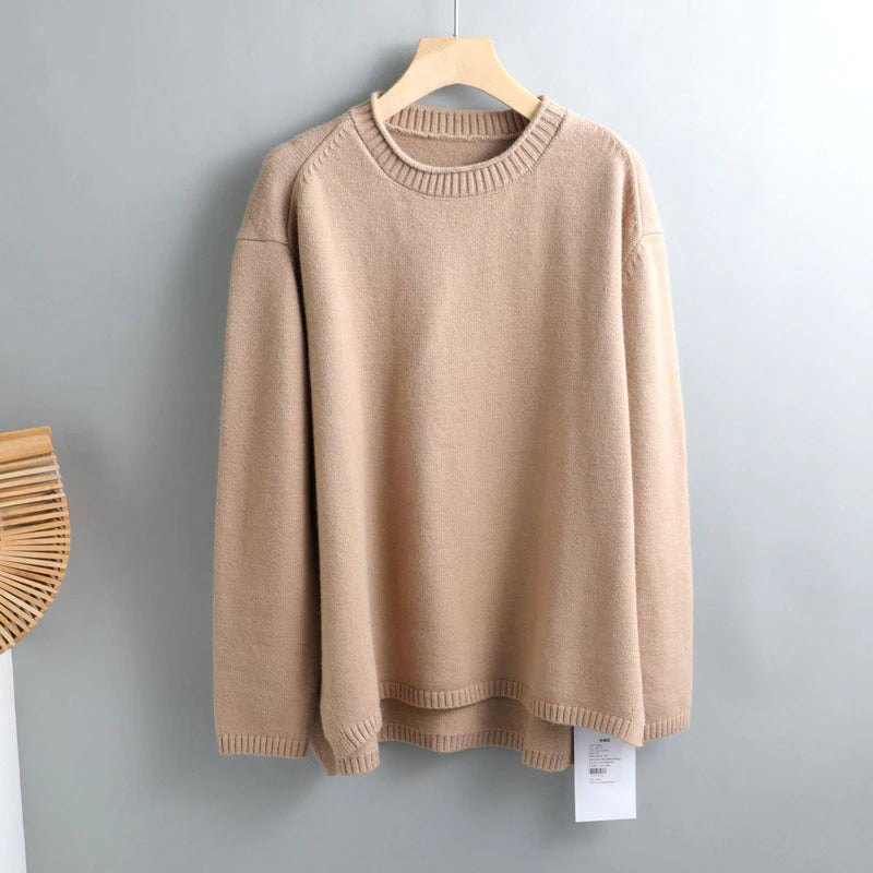 Splitside Oversize Thick Sweater Women Turtleneck Sweater Pullover-Pullovers-Arimonz-Round Neck Khaki-Arimonz