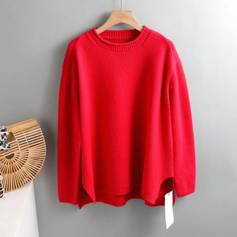 Splitside Oversize Thick Sweater Women Turtleneck Sweater Pullover-Pullovers-Arimonz-Round Neck Red-Arimonz