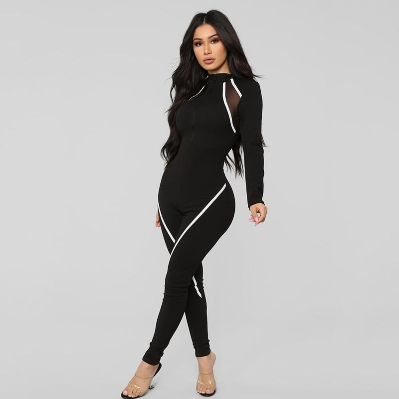 Sporty Zipper Turtleneck Jumpsuits Women Full Sleeve Striped Rompers-Night Out Jumpsuits & Rompers-Arimonz-Arimonz