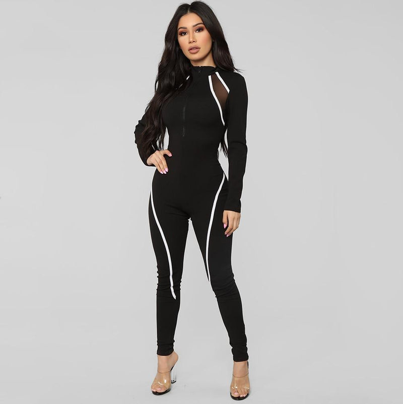 Sporty Zipper Turtleneck Jumpsuits Women Full Sleeve Striped Rompers-Night Out Jumpsuits & Rompers-Arimonz-S-Arimonz