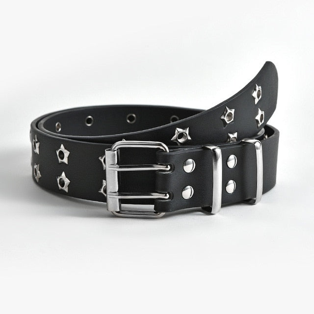 Star Eye Rivet Belt Goth Style Double Pin Buckle Waistband-Belts-Arimonz-Black-110cm/43 inches-Arimonz