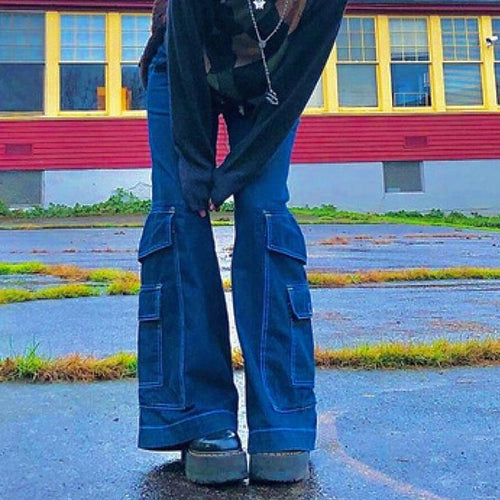 Street Style Boyfriend Baggy Pants Vintage Pockets Wide Legs Jeans-Straight Jeans-Arimonz-Arimonz