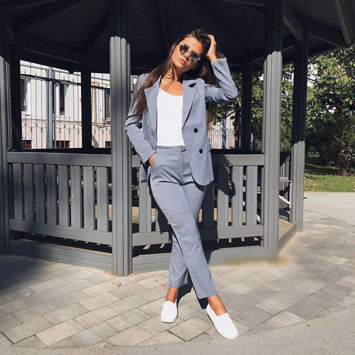 Striped Blazer Jacket & Zipper Trousers Suit Set-Wear To Work Sets-Arimonz-gray-S-Arimonz