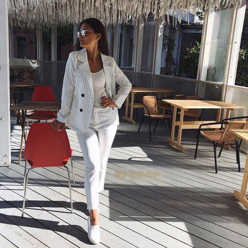 Striped Blazer Jacket & Zipper Trousers Suit Set-Wear To Work Sets-Arimonz-white-S-Arimonz