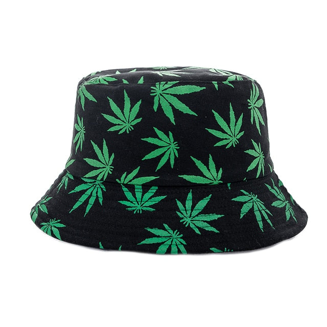 Summer Bucket Hats Reversible Leaves Printing Women Cap Outdoor Hat-Bucket Hats-Arimonz-Black Green-Arimonz
