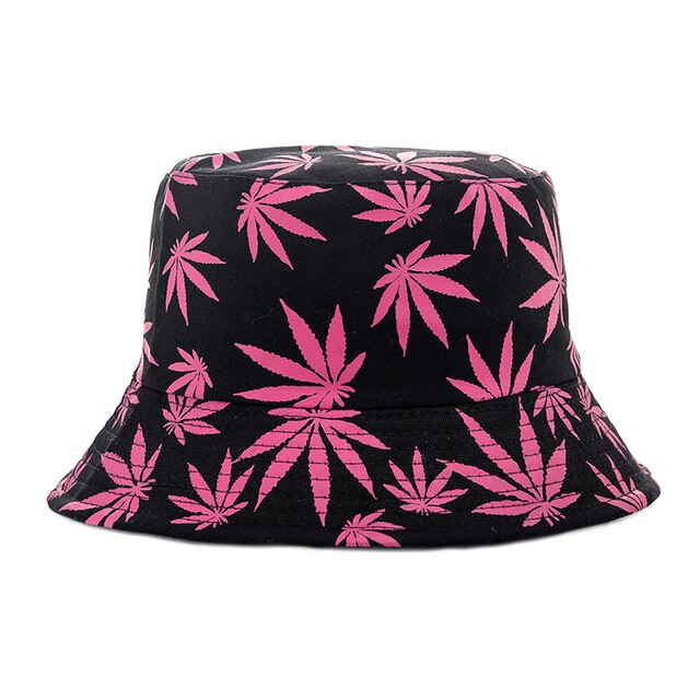 Summer Bucket Hats Reversible Leaves Printing Women Cap Outdoor Hat-Bucket Hats-Arimonz-Black Pink-Arimonz