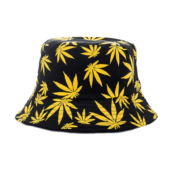 Summer Bucket Hats Reversible Leaves Printing Women Cap Outdoor Hat-Bucket Hats-Arimonz-Black Yellow-Arimonz