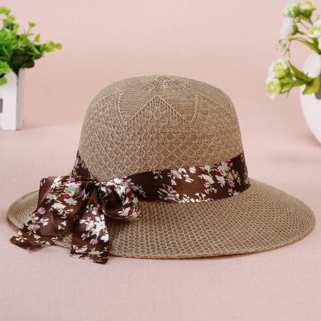 Summer Girls Sun Hats Wide Brim Bowknot Straw Hat with Ribbon-Summer Hats-Arimonz-khaki-Arimonz