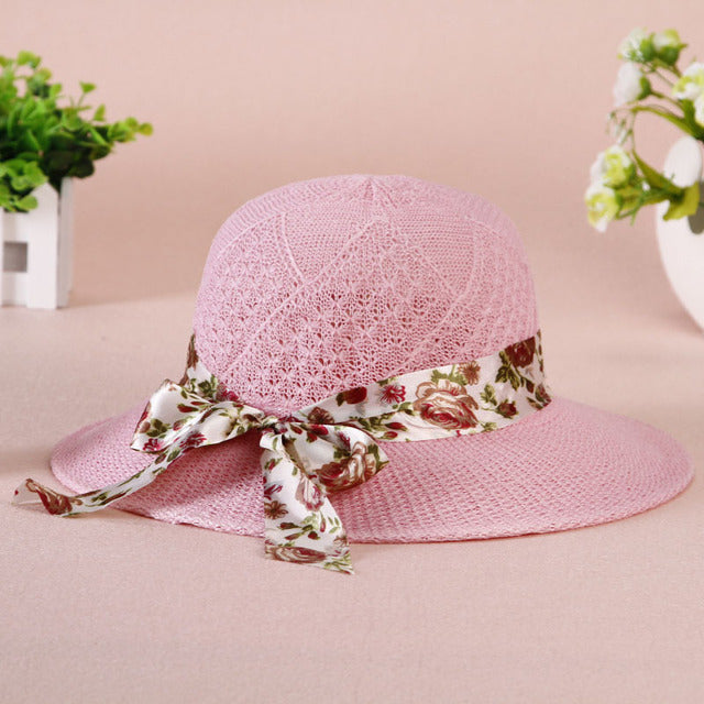 Summer Girls Sun Hats Wide Brim Bowknot Straw Hat with Ribbon-Summer Hats-Arimonz-pink-Arimonz